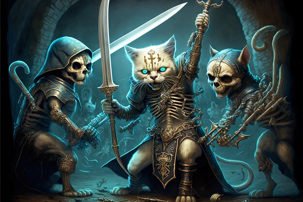 Photo a group of three cats with a sword and a cat with a sword