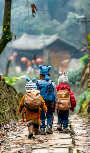 Group of three children walking down dirt road with backpacks on