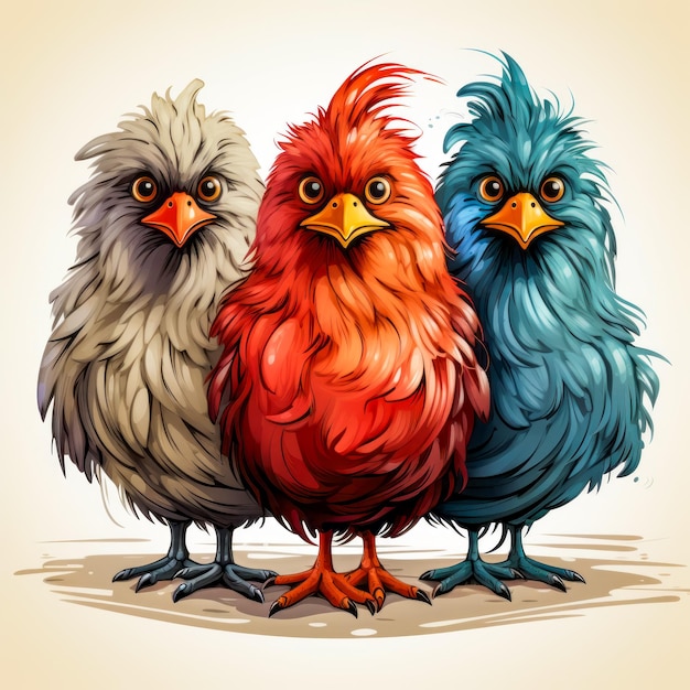 Group of three colorful birds standing next to each other Generative AI