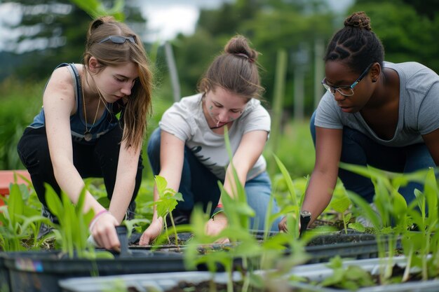 Photo group of three diversity neighbors comes together to plant a community garden