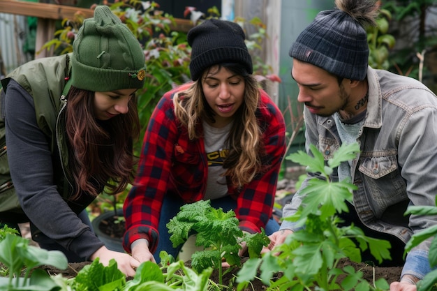 Photo group of three diversity neighbors comes together to plant a community garden