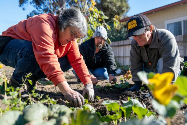 Photo group of three diversity neighbors comes together to plant a community garden