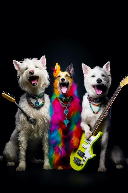 Group of three dogs sitting next to each other with guitars in front of them Generative AI