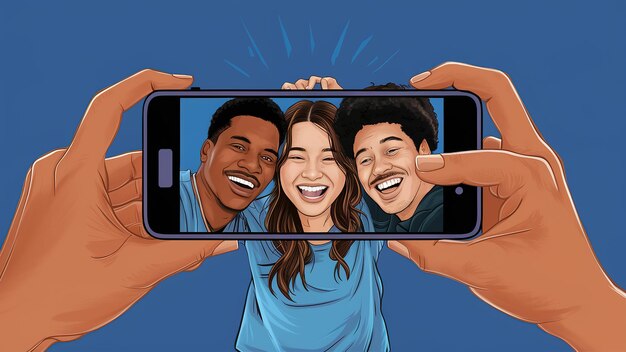 Photo a group of three friends taking selfie in their android phone generative ai