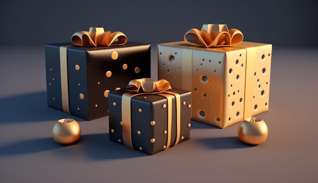 A group of three gift boxes with gold balls and gold ribbon.