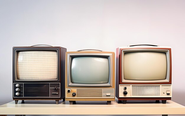 Group of three old fashioned tube analogue tv set with empty display stands on wooden desk indoor