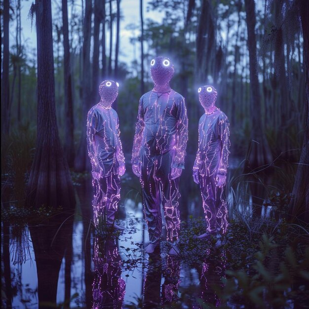 Photo a group of three people standing in a swamp