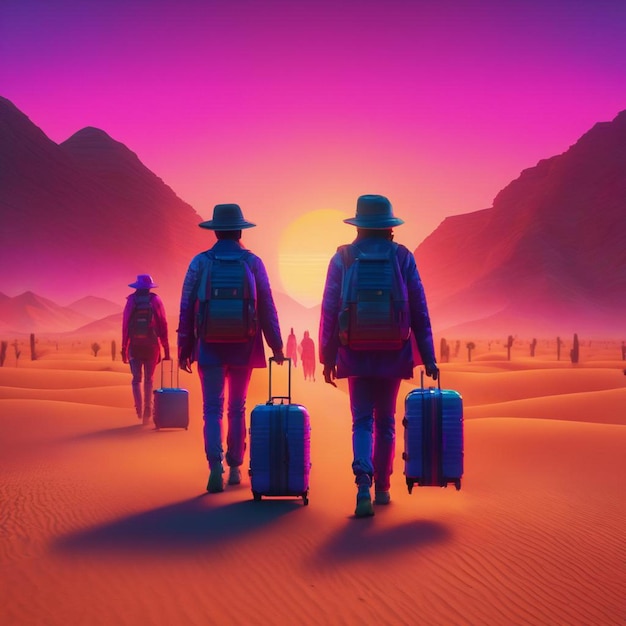 A group of three people with luggage trekking in the desert