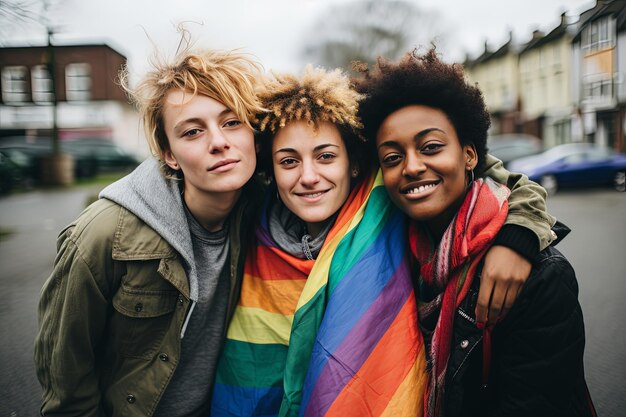 Photo a group of three people with rainbow colored scarfs