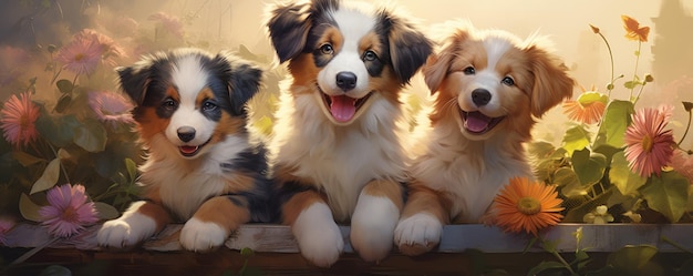 Group of Three Puppies Sitting Together