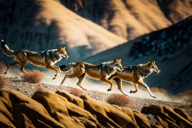 Group of three wolfs running across dirt field with mountains in the background Generative AI