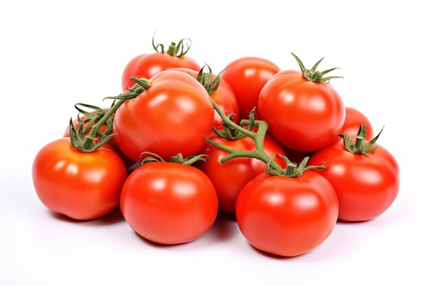 A group of tomatoes with green stems isolated on white background