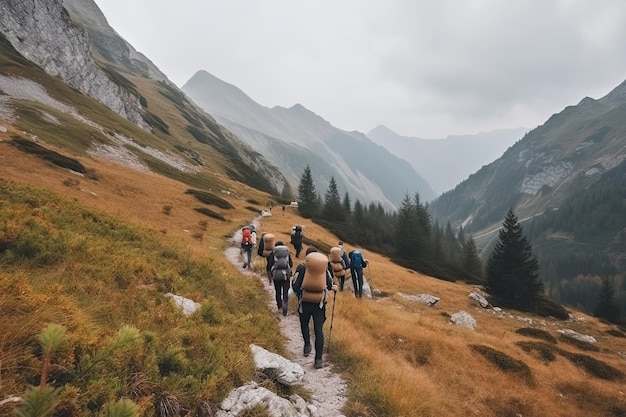 Group of tourist hiking in mountains Travelers with backpacks in mountains Outdoor activities Created with Generative AI