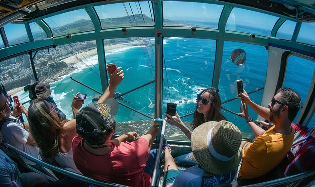 group of tourists enjoying cable car ride