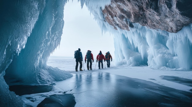 Photo a group of tourists exploring the icy caves along the shoreline of lake baikal in winter