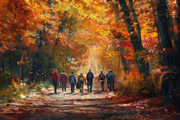 Group of Tourists Walking Along the Path of the Autumn Forest Embracing Nature