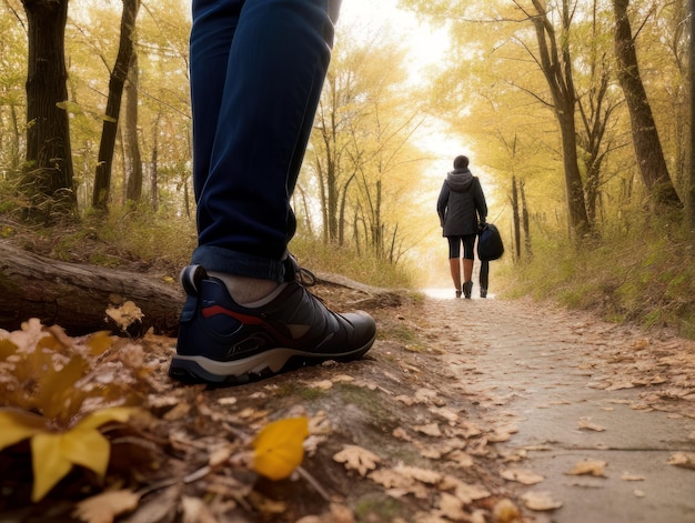 Group of tourists walks along the path of the autumn forest Feet closeup Traveling in a small gro