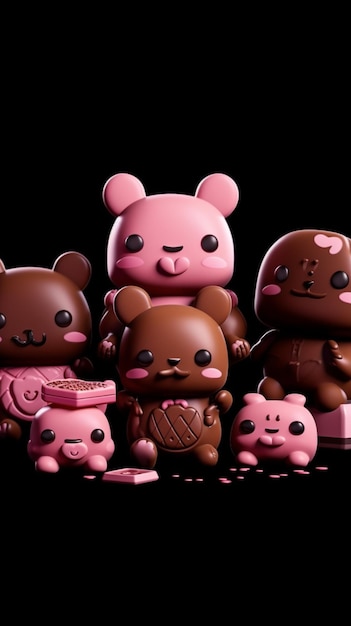 A group of toy figurines with one of them holding a pink pig.