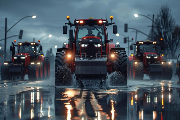 Group of tractors driving down street in rain on rainy night in urban setting industrial vehicles in motion