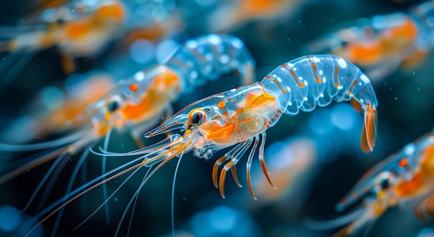 A group of transparent shrimp are swimming in the water