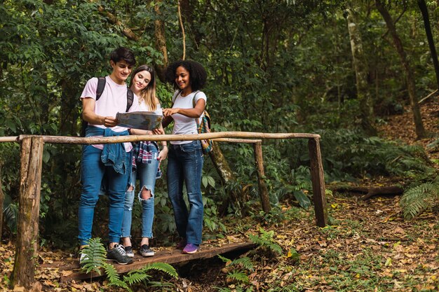 Group of travelers looking at the map in the jungle