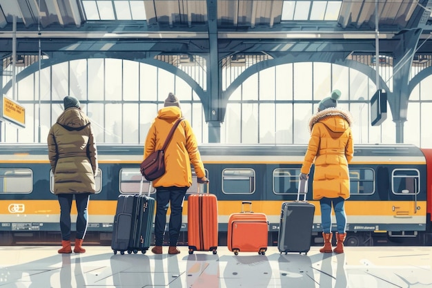 Group of travelers with luggage next to a train at the city train station