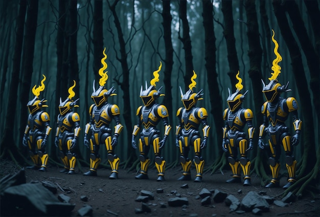 Group of tribal medabots around bofire in the heart of rainforest at night