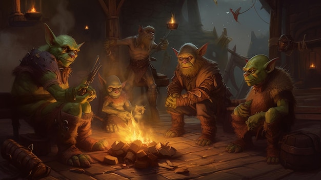 A group of trolls sit around a campfire.