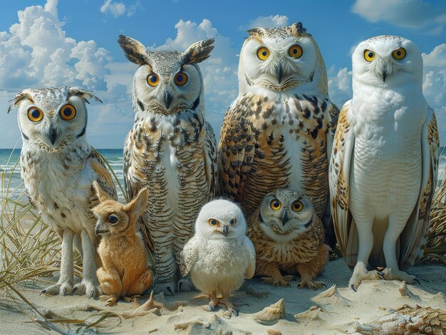 Photo group of unique owls displaying distinct features on a sunny beach with clouds