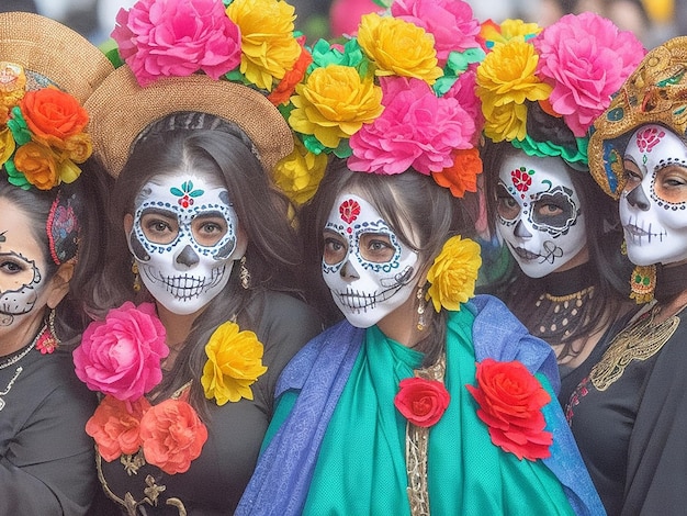 Group of unrecognizable women wearing traditional sugar masksbeautifully made with Generative AI