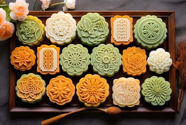 a group of various colored and shaped moon cakes on a mat in the style of light orange and green