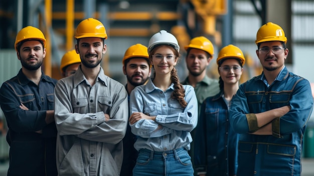 Group of various national engineer professional successful team corporate workers standing in factory teamwork technician inspector manufacturing industry workplace