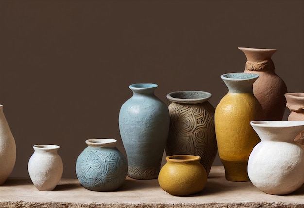 A group of vases with a brown background and one of them has a white and blue design on it