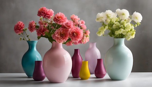 a group of vases with flowers in them are lined up