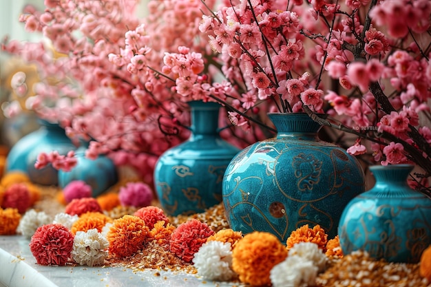 Photo a group of vases with flowers