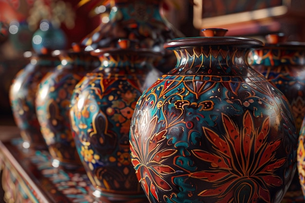 a group of vases with a red flower on the bottom