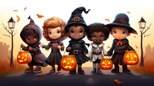 A group of vector cartoon kids in Halloween costumes