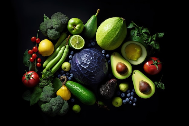 A group of vegetables with avocado on a black screen Generative AI