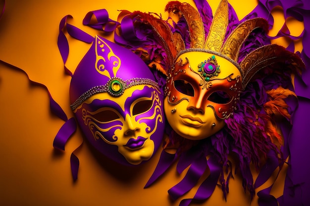 Group of venetian mardi gras mask or disguise on a colorful bright background Neural network generated art