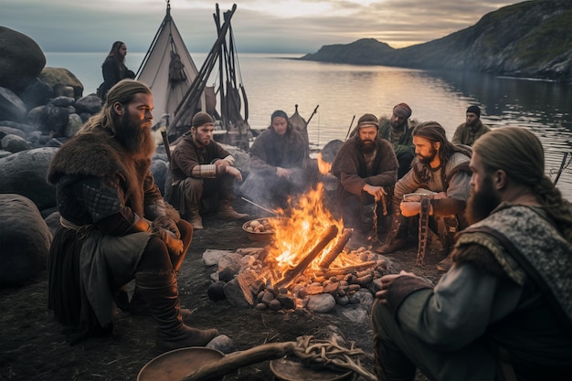 Group of vikings sitting together nearly bonfire Generative AI