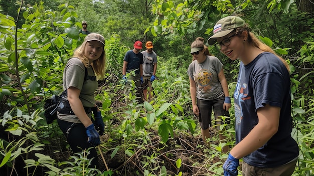 A group of volunteers are cleaning up a forest