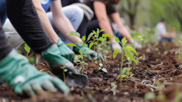 A group of volunteers armed with gardening gloves and shovels work together to plant rows of young