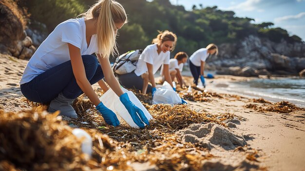 Photo group of volunteers cleaning up trash on a beach