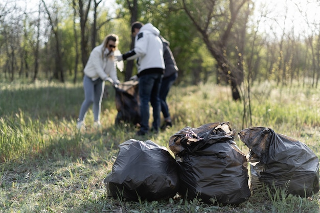 group of volunteers cleans the park from debris. Three people in the spring collect plastic waste. Environmental pollution concept.