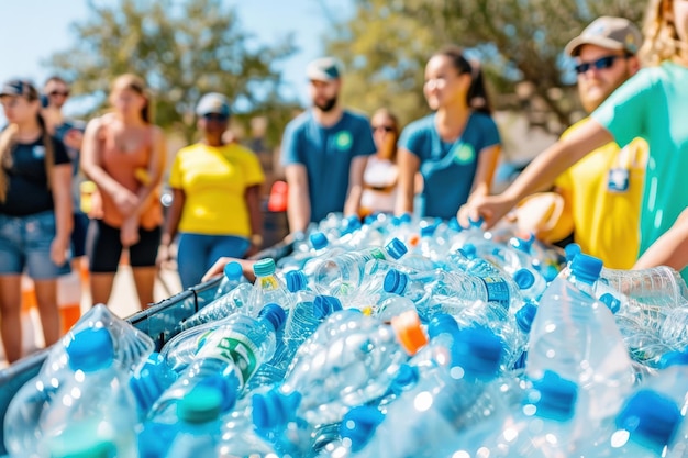 Group of volunteers collecting plastic bottles for recycling in an outdoor community cleanup event