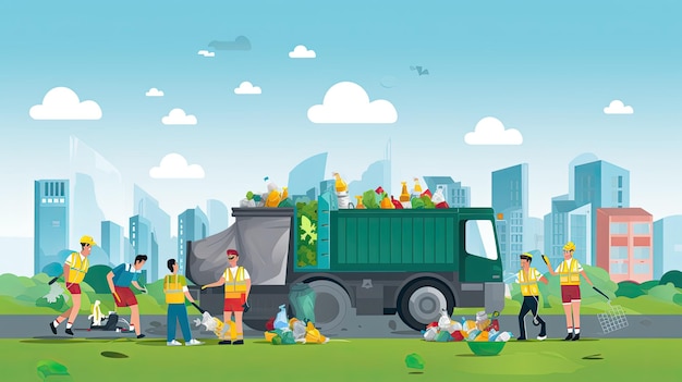 Group of volunteers collects garbage for subsequent recycling and disposal taking care of nature cleaning in the park street garbage and trash illustration Generative AI