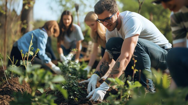 A group of volunteers plant trees in a park They are all smiling and look happy to be helping out