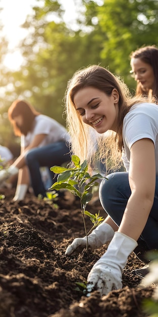 Group of volunteers planting trees in community project