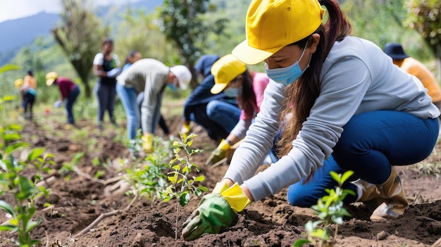 group of volunteers planting trees in a deforested area restoring ecosystems and promoting biodiversity conservation efforts