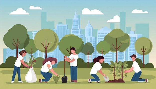 A group of volunteers planting trees in a park working together to improve the environment